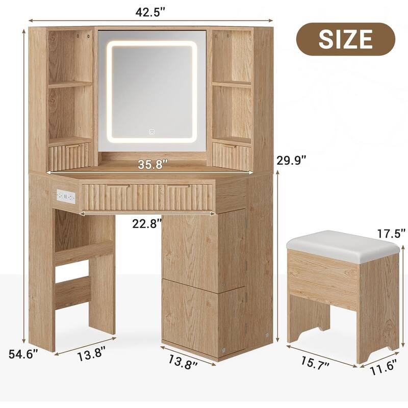 Corner Vanity Desk with Lighted Mirror Drawers Shelves Storage Stool