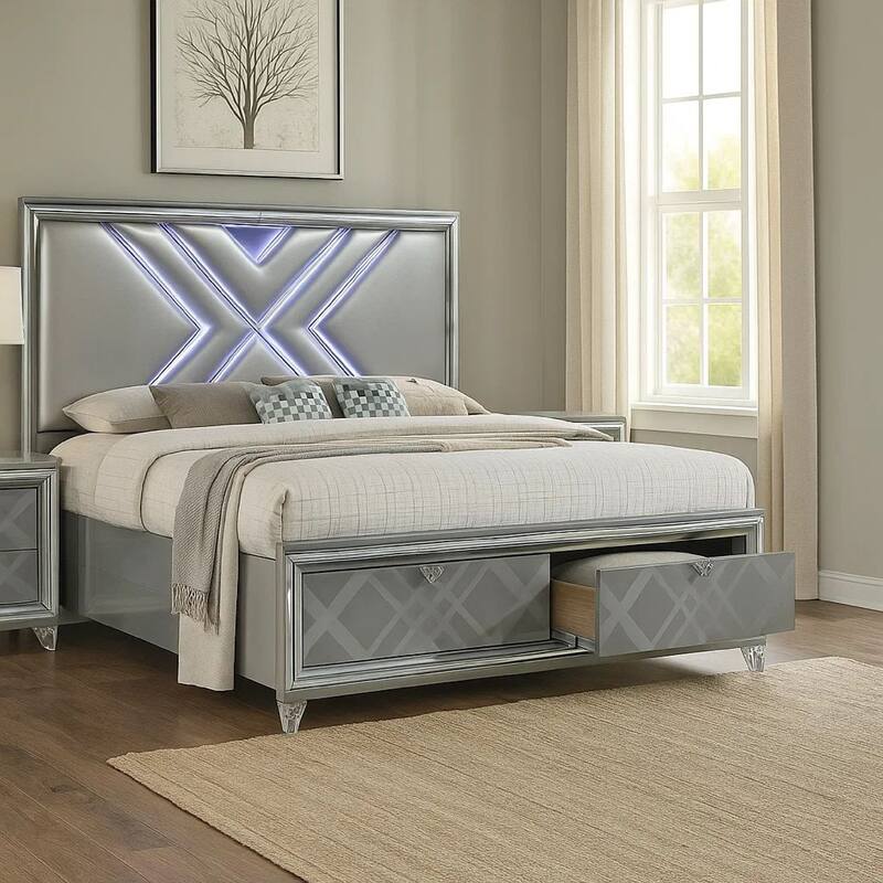 Lin Queen Size Bed w LED, Footboard Storage Drawers, Silver Upholstery