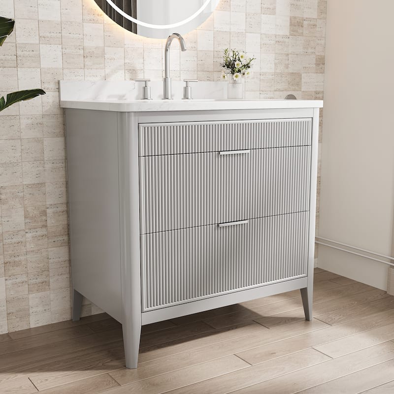 Modland 36" Freestanding Bathroom Vanity with Carrara Marble Top, Soft-Close Drawers, Fully Assembled, Green/Grey - 36 inch - Light Grey