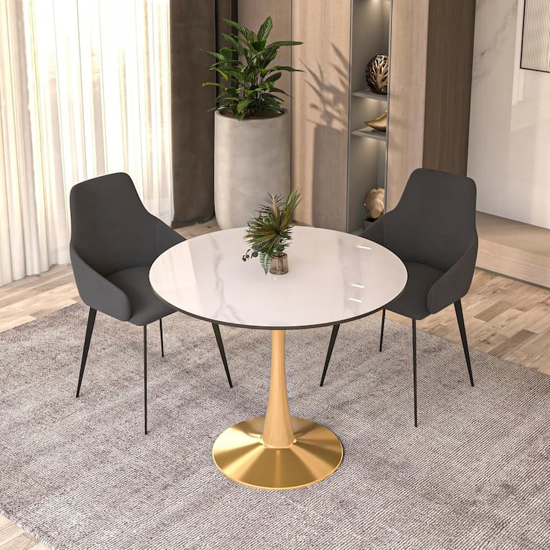 Bristol 31-inch Round Dining Table, Gold Pedestal Base Kitchen Table, Easy-Clean Scratch Resistant Surface, Floor Protectors