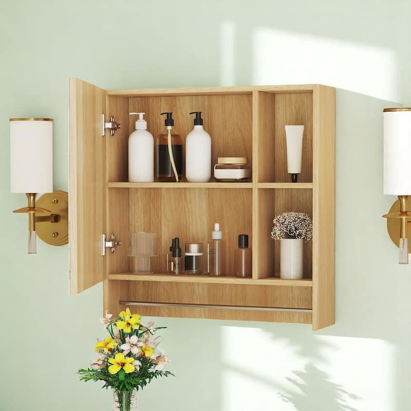 Medicine Cabinet with Mirror, Over The Toilet Wall Storage Cabinet with Towel Bar and Open Shelves