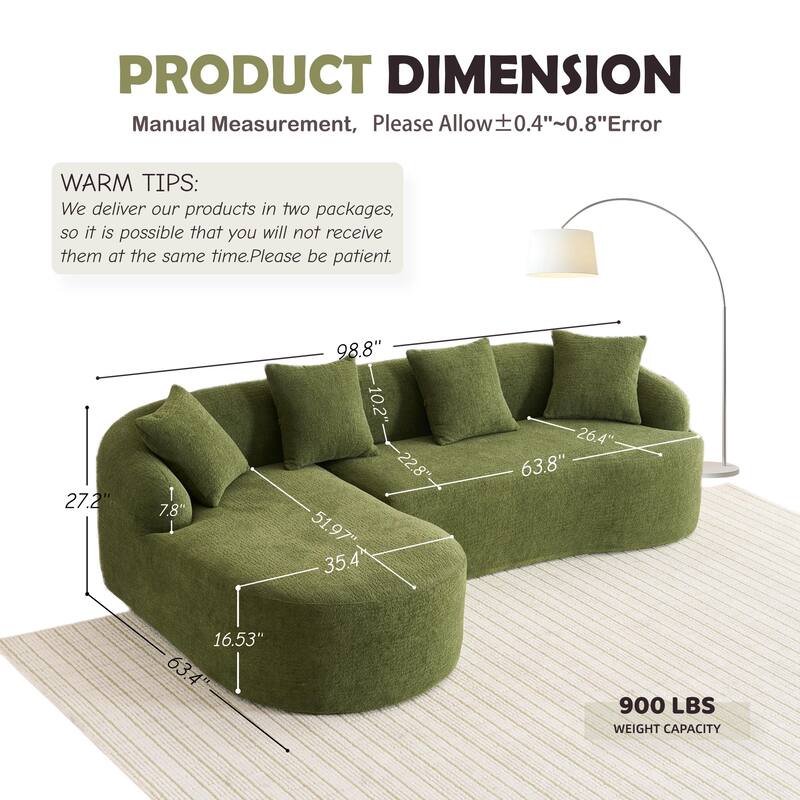 Modern Chenille L-Shaped Modular Sectional Sofa with Curved Chaise and 4 Pillows for Living Room