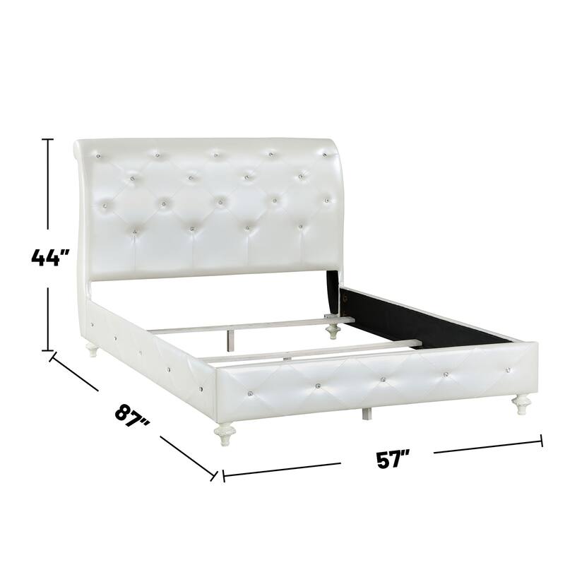 Faux Leather Upholstered Full Bed with Button Tufted in Pearl White