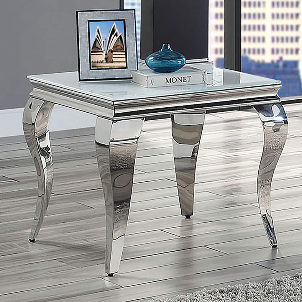 Glam Contemporary 1pc End Table Glass Top Silver Color Table Living Room Stainless Steel Cabriole-Style Legs