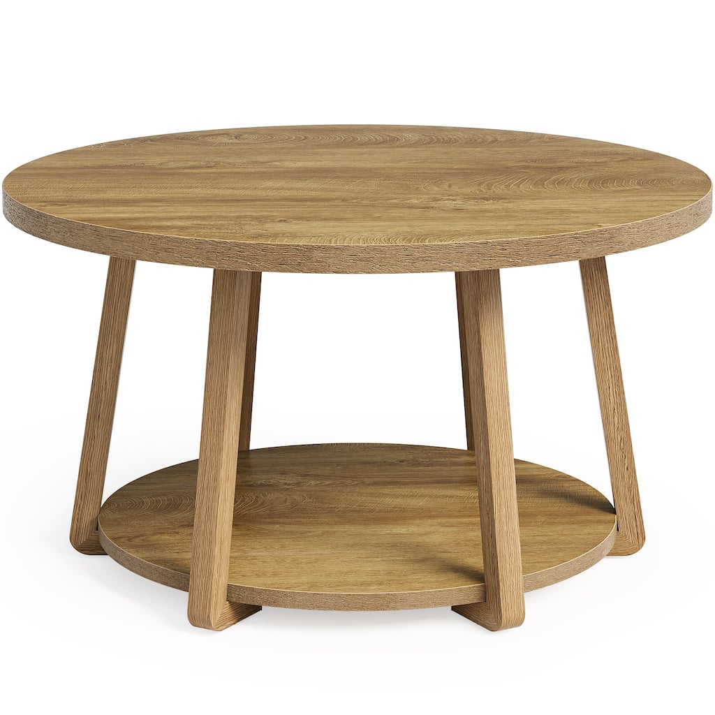Round Coffee Table, 2-Tier Center Table with Storage, Wooden Legs