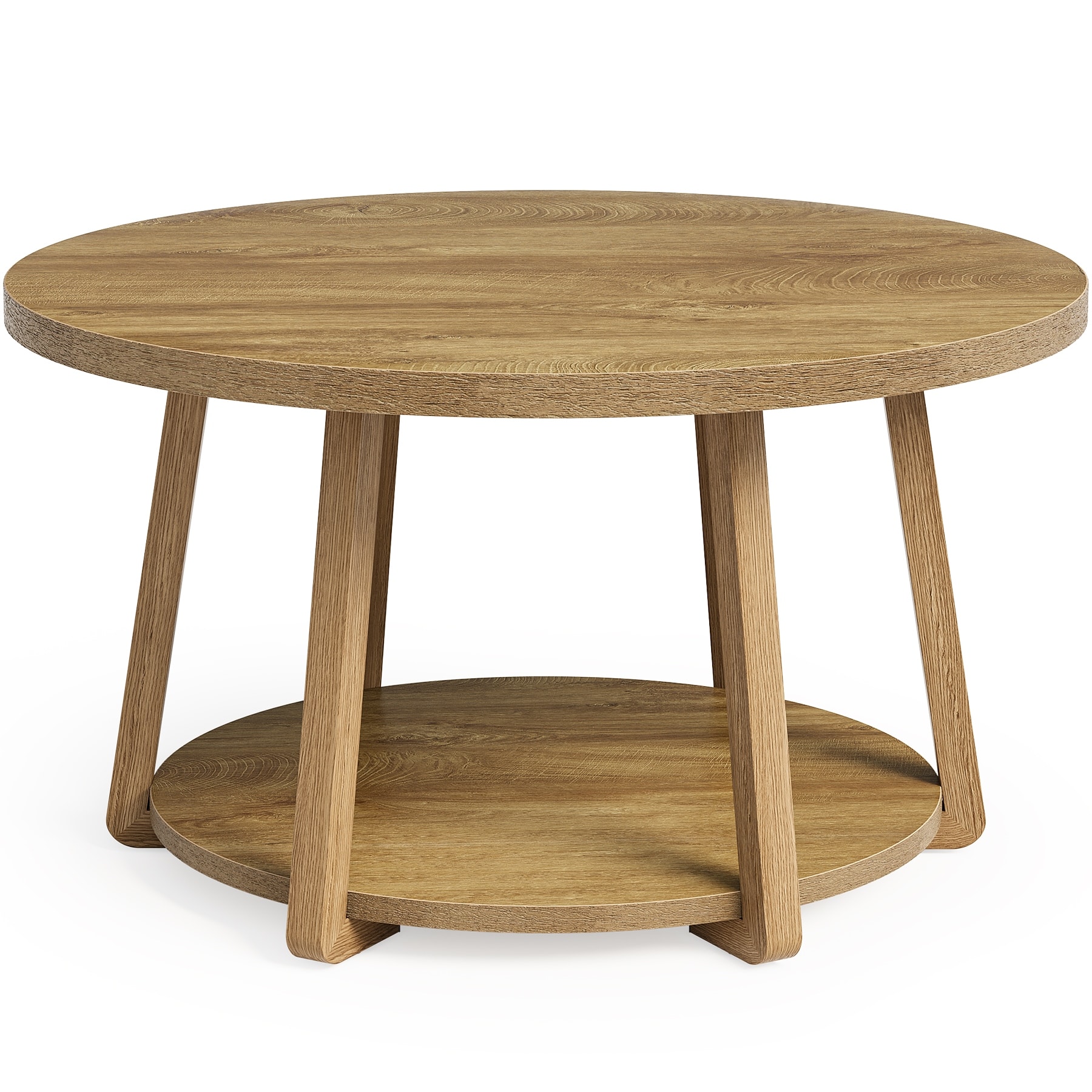 Round Coffee Table, 2-Tier Center Table with Storage, Wooden Legs