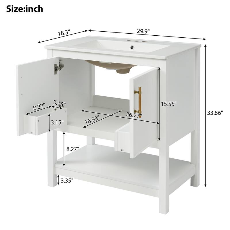 30" White Bathroom Vanity with Ceramic Sink and Versatile Storage - Ideal for Small Bathrooms