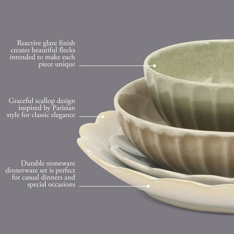 Gibson Elite Malibu Shore 16 Piece Scallop Stoneware Reactive Glaze (Service for 4) Ceramic Plates and Bowls Dinnerware Set