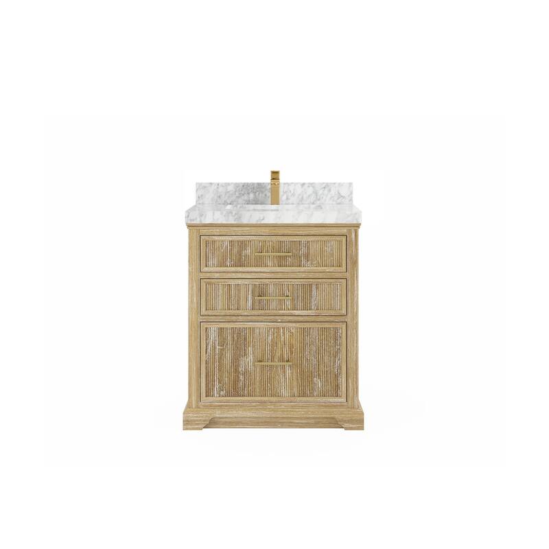 Willow Collections 30 x 22 Alys Solid Teak Wood Single Sink Bathroom Vanity with Quartz or Marble Countertop - 2"Carrara Marble - Whitewashed