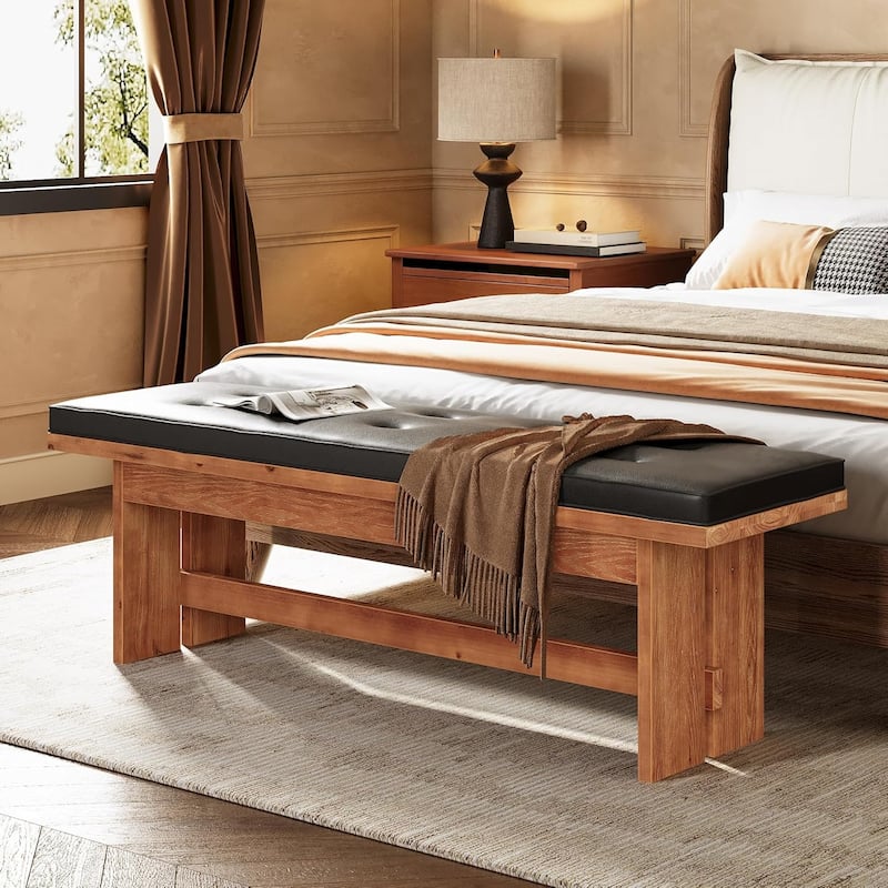 55 Inches Solid Wood Bench with Cushion for Bedroom