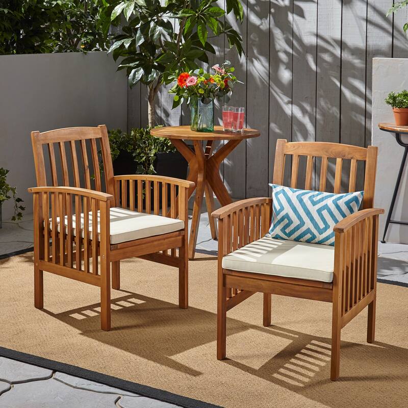Casa Outdoor Acacia Wood Dining Chairs with Cushions (Set of 2) by Christopher Knight Home - brown patina + cream cushion