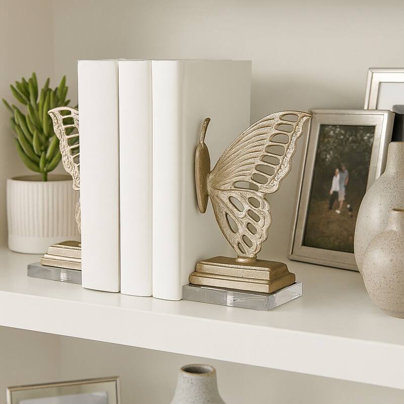 Metal Bookends Butterfly Metallic Finish (Set of 2) - 9" Gold - 12.5" - Gold - 12.5"