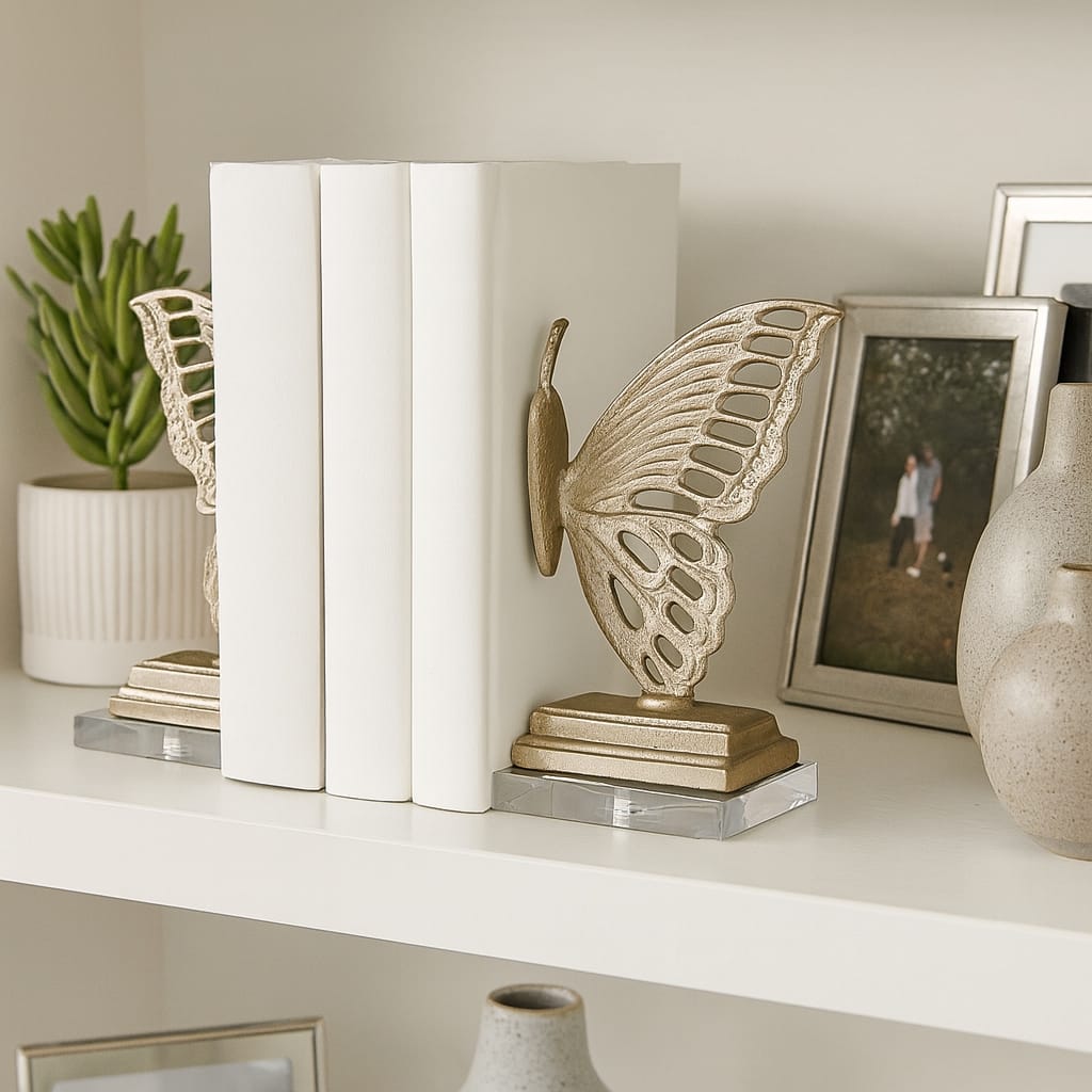 Metal Bookends Butterfly Metallic Finish (Set of 2) - 9" Gold - 12.5"