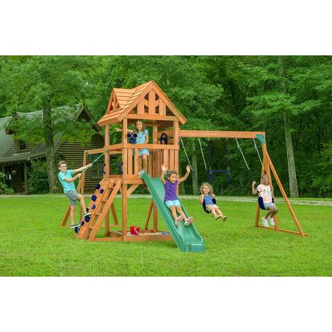 Mountain View Lodge Swing Set with Wooden Roof, Monkey Bars & Sandbox