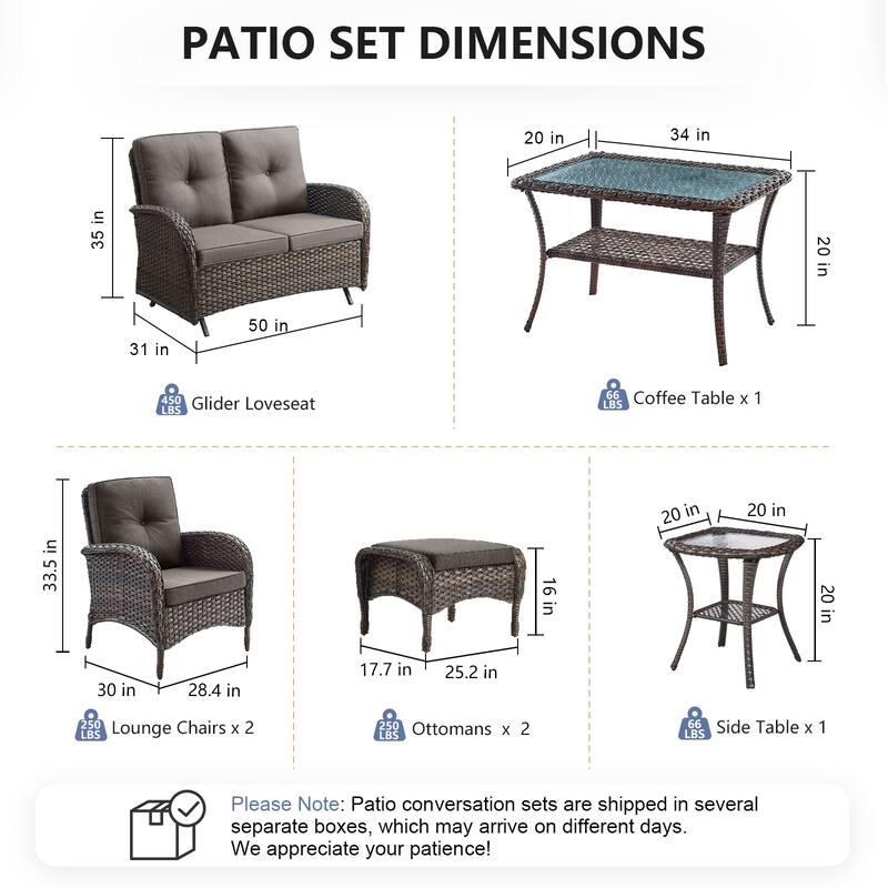 Pocassy 7 Pieces Glider Sofa with Patio Chairs Ottomans Table