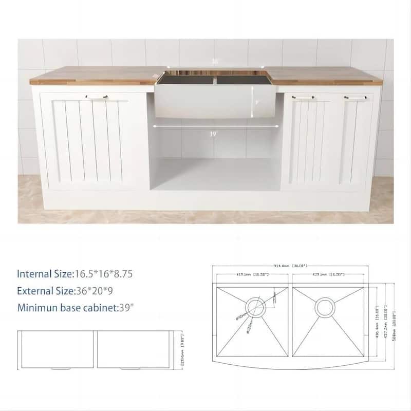33 in 36 in Double Bowl (50/50) Farmhouse Sink Apron Front Kitchen Sink