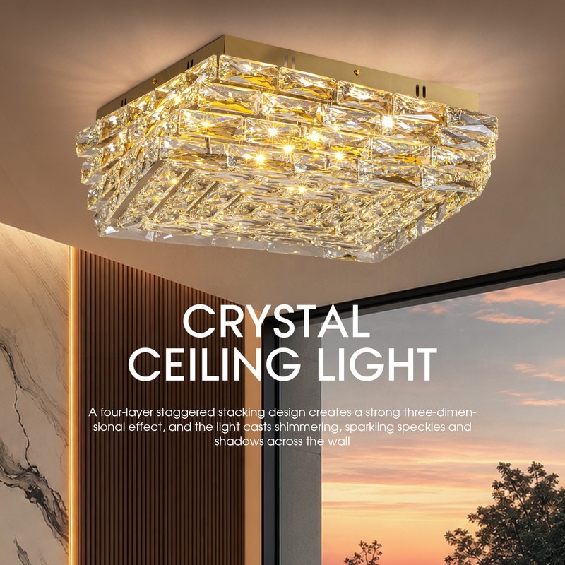 21.6 Inch Modern Gold 4-Tier Rectangular K9 Crystal Flush Mount Ceiling Light, 3 Color LED Fixture for Bedroom Foyer Closet
