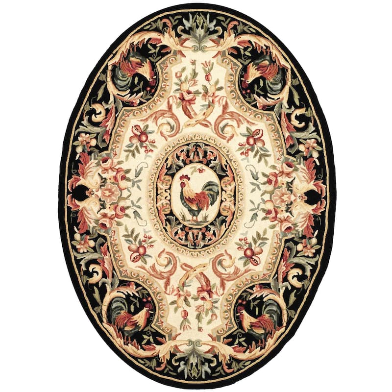 SAFAVIEH Handmade Chelsea Anni French Country Rooster Wool Rug - 4'6" x 6'6" Oval - Ivory/Black