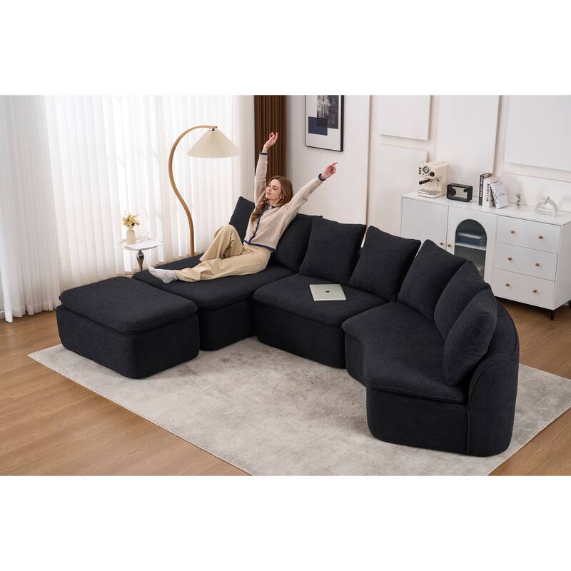 U-Shaped Modular Sectional Sofa with Ottoman, Woodgrain Chenille Deep Seat Boneless Couch, Compression Sofa with Pillows