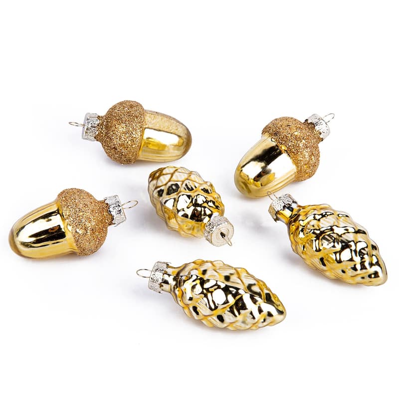 Cones and Acorns Gold Glass Christmas Tree Ornament Set of 6 - 6.3 х 5 х 1.4"