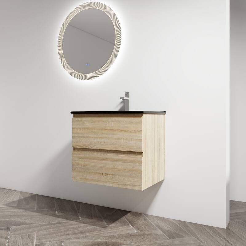 Modern 24" Floating Bathroom Vanity with Black Ceramic Basin, Soft-Close Drawers, Water-Resistant Melamine Surface