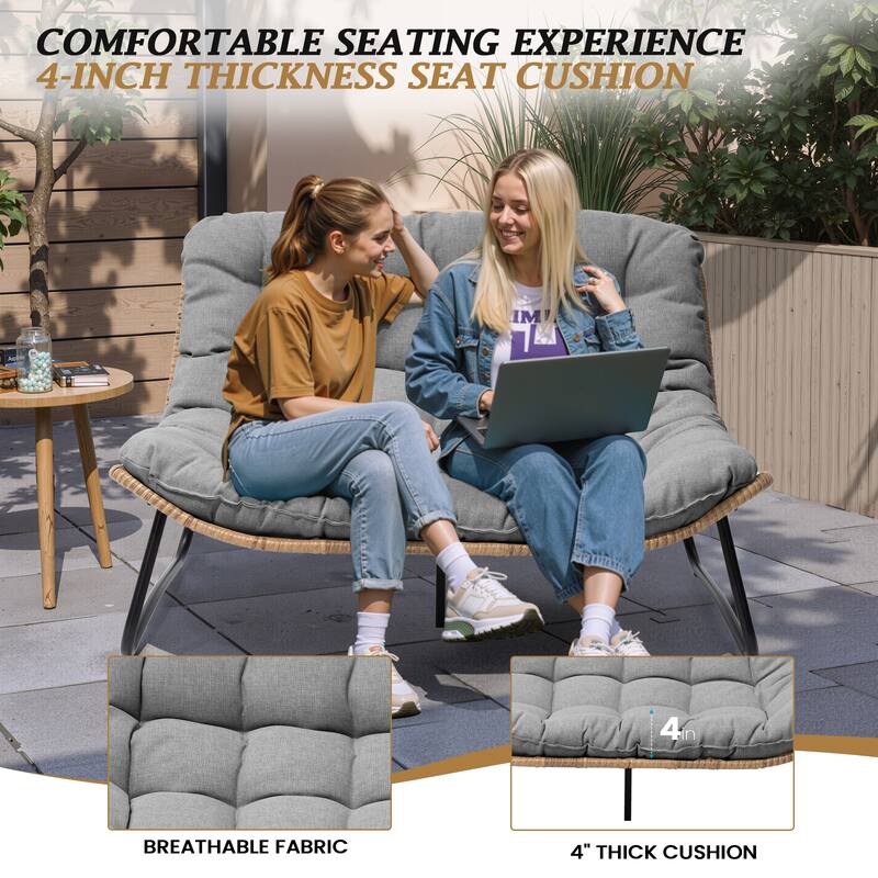 VredHom PE Rattan Double Papasan Chair Loveseat with Cushion for Indoor Outdoor