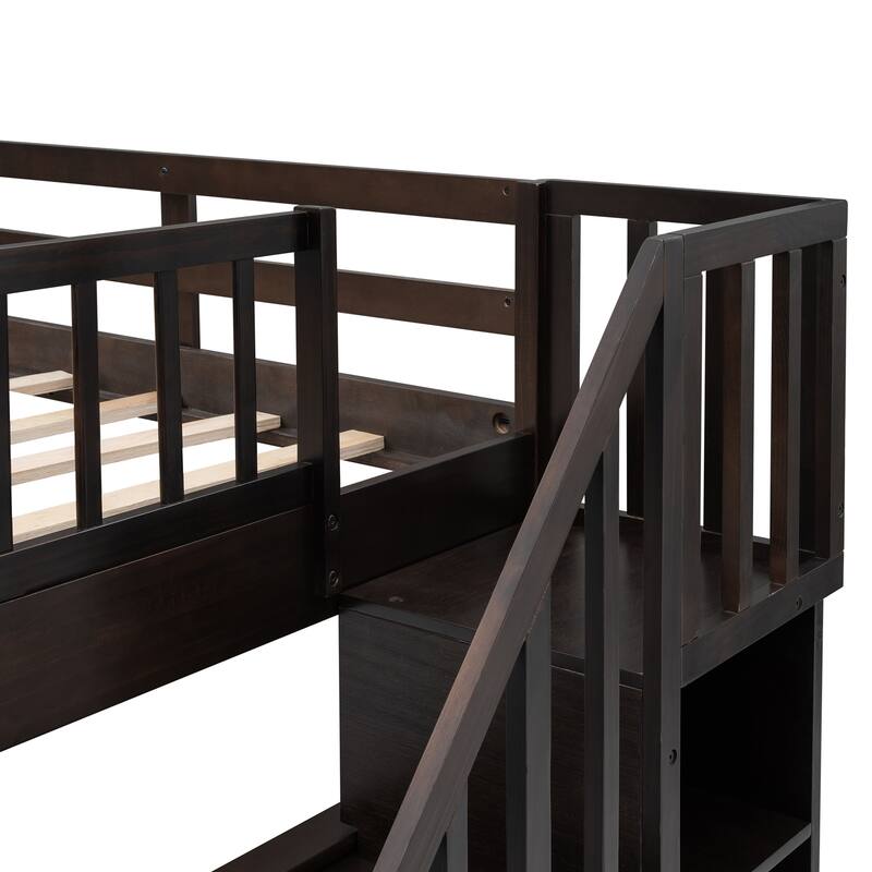 Stairway Bunk Bed, Can Be Divided into Two Individual Bedframe, Solid Wood Bedfram with Storage Stairs & Guard Rail for Bedroom