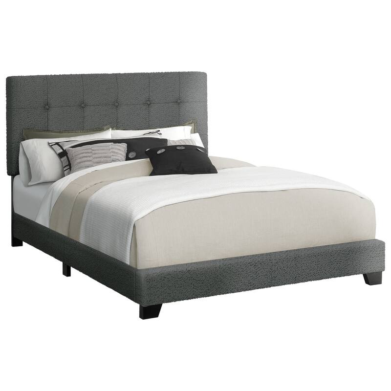 Queen Size Upholstered Bed Frame with Dark Grey Boucle Fabric and Button-Tufted Headboard