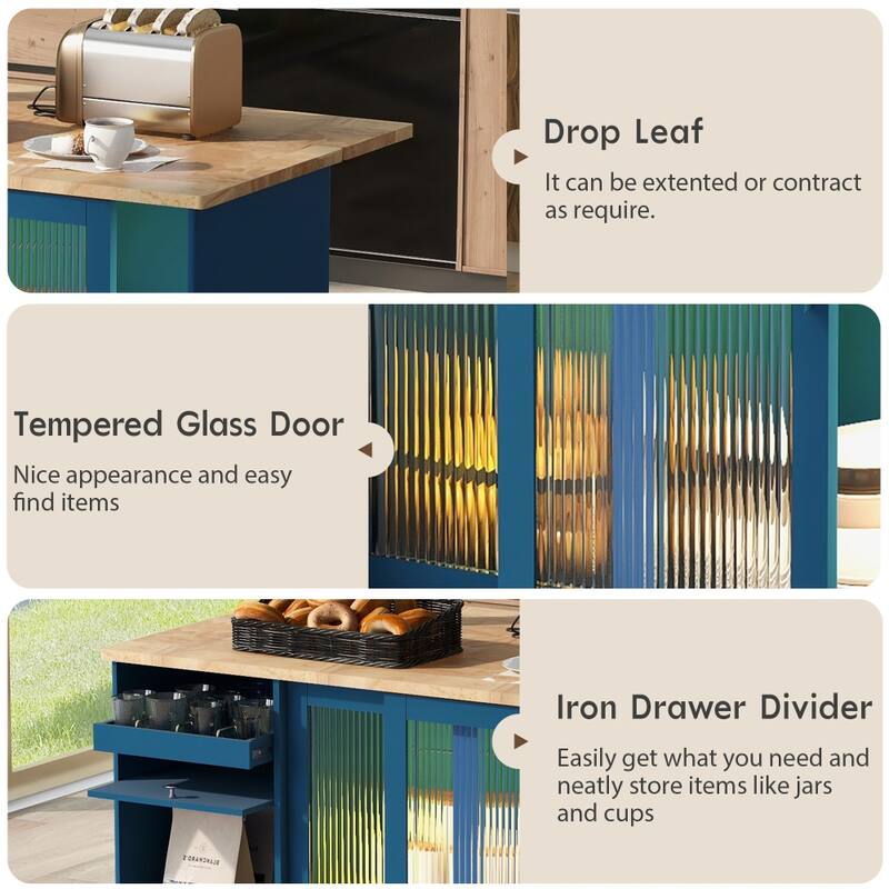 LED Light Kitchen Cart with Drop Leaf and Adjustable Shelf