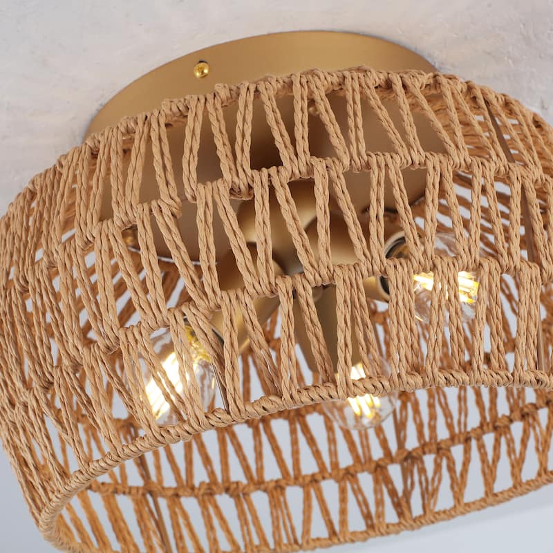 3-Light Rattan Semi Flush Mount Chandelier for Hallway Entryway Dining Room