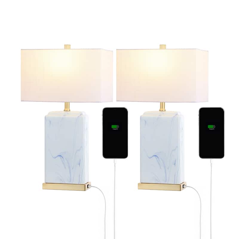 Easton 24.5" Modern Coastal Iron/Marbled Ceramic LED Table Lamp with USB Charging Port, Blue/White (Set of 2), by JONATHAN Y - Blue/White