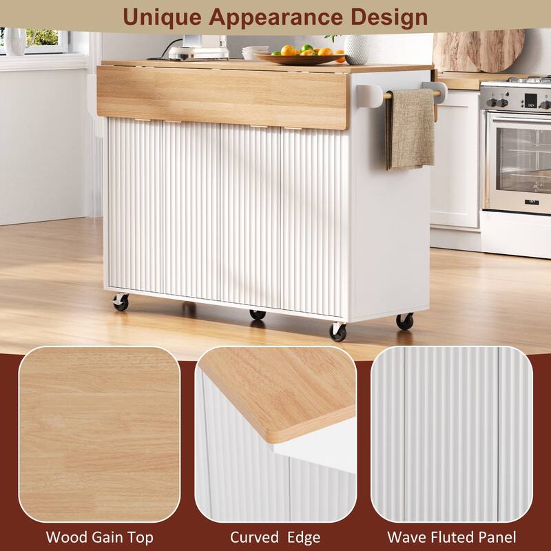 55.5" Fluted Kitchen Island with 2 Drop Leaf