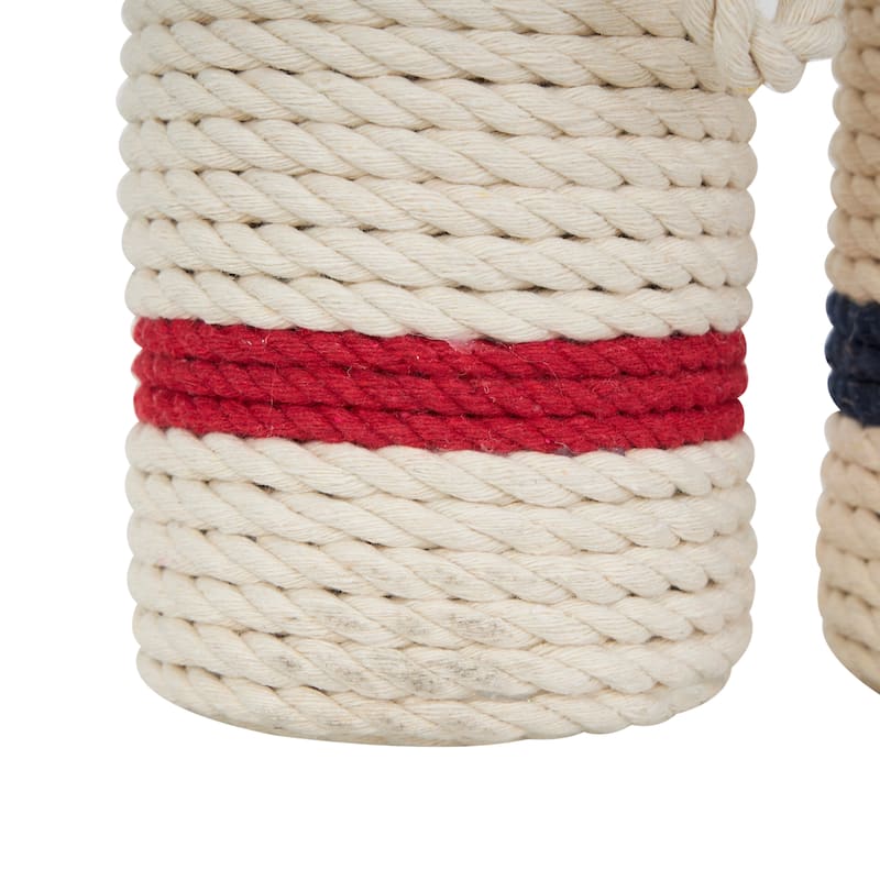 White or Brown Wood Handmade Coiled Striped Rope Buoy Sculpture with Joined Hanging Handle (Set of 2)