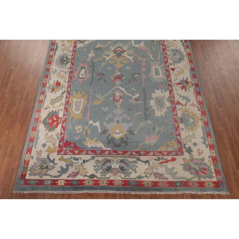 Light Blue Oushak Area Rug Hand-Knotted Transitional Wool Carpet - 9'1" x 11'9"