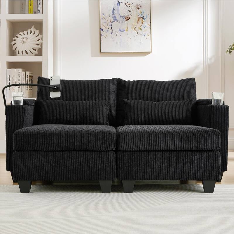 Sofa Chair with Armrests, 2-in-1 Corduroy Loveseat & Chaise Lounge, Sofa Bed Sleeper Sofa with Cup Holders & Side Pockets - Black