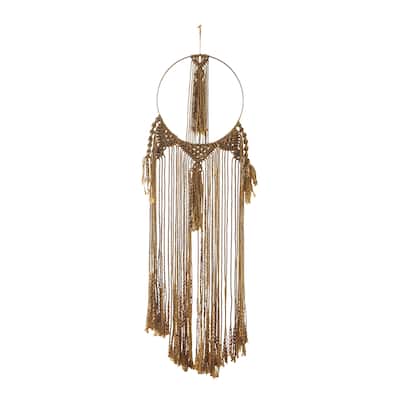Fabric Macrame Handmade Intricately Weaved Wall Decor with Beaded Fringe Tassels - Brown - Roche River Decor