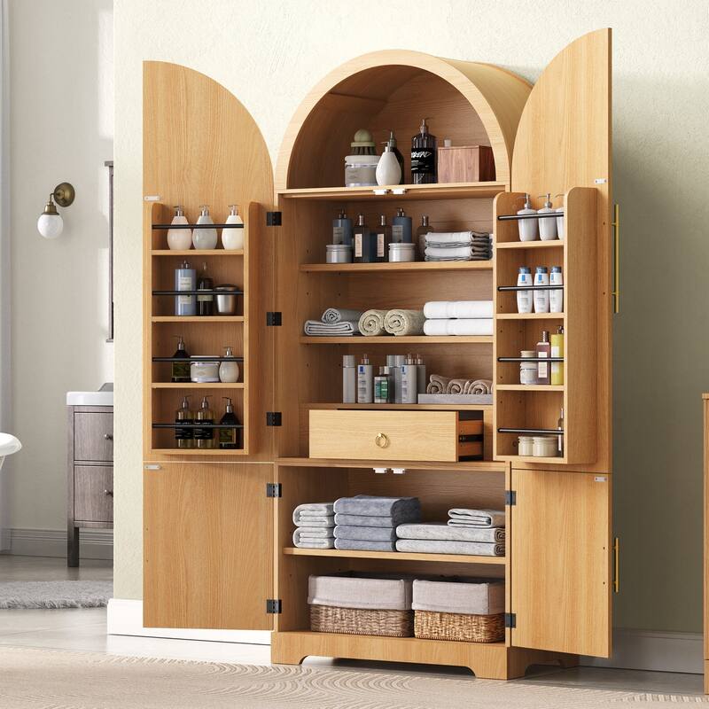 72" Tall Arched Kitchen Pantry Cabinet with 8 Door Shelves, Fluted Storage Cabinets with 3 Adjustable Shelves