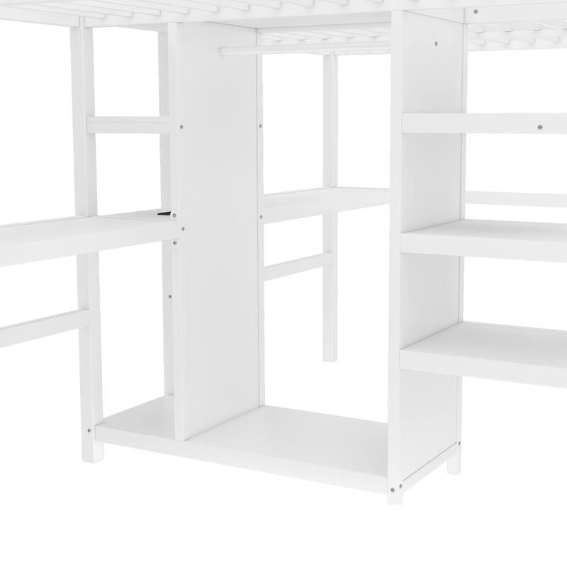 Twin Over Twin Metal Loft Bed with Double Desk, Wardrobe, Shelves & Electrical Outlet for Space Saving and Noise Reduction