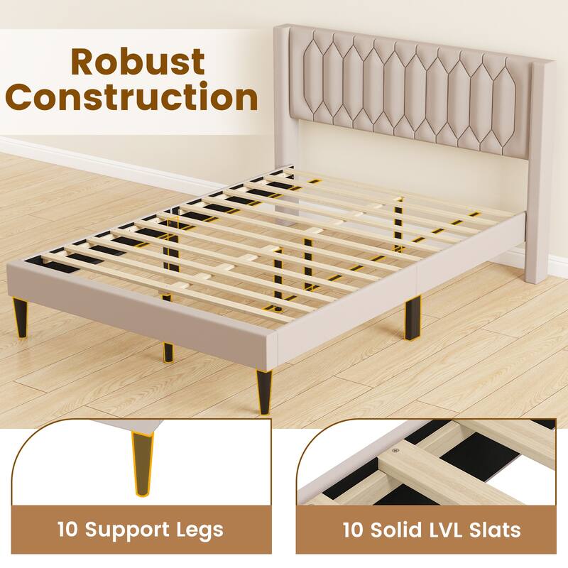 Modern Queen Velvet Upholstered Bed Frame with Cushioned Wingback and 10 Legs Slatted Platform