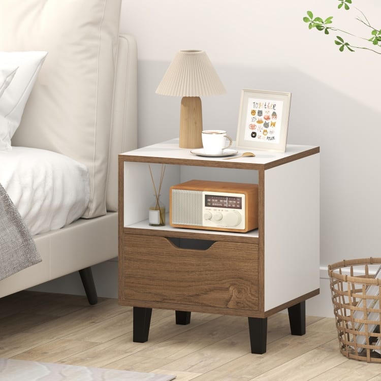 Natural and White Nightstand with 3 Tier Storage Metal Legs and Color-Blocked Design
