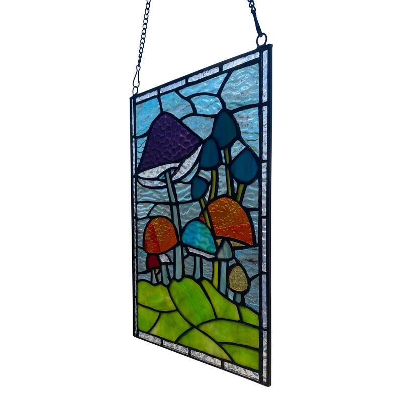 Mushrooms River of Goods Colored Stained Glass Vertical Window Panel