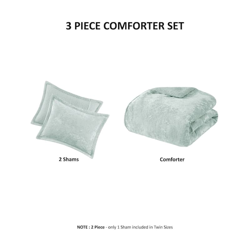 3 PCS Full/Queen Crushed Velvet Sherpa Reversible Comforter Set Aqua
