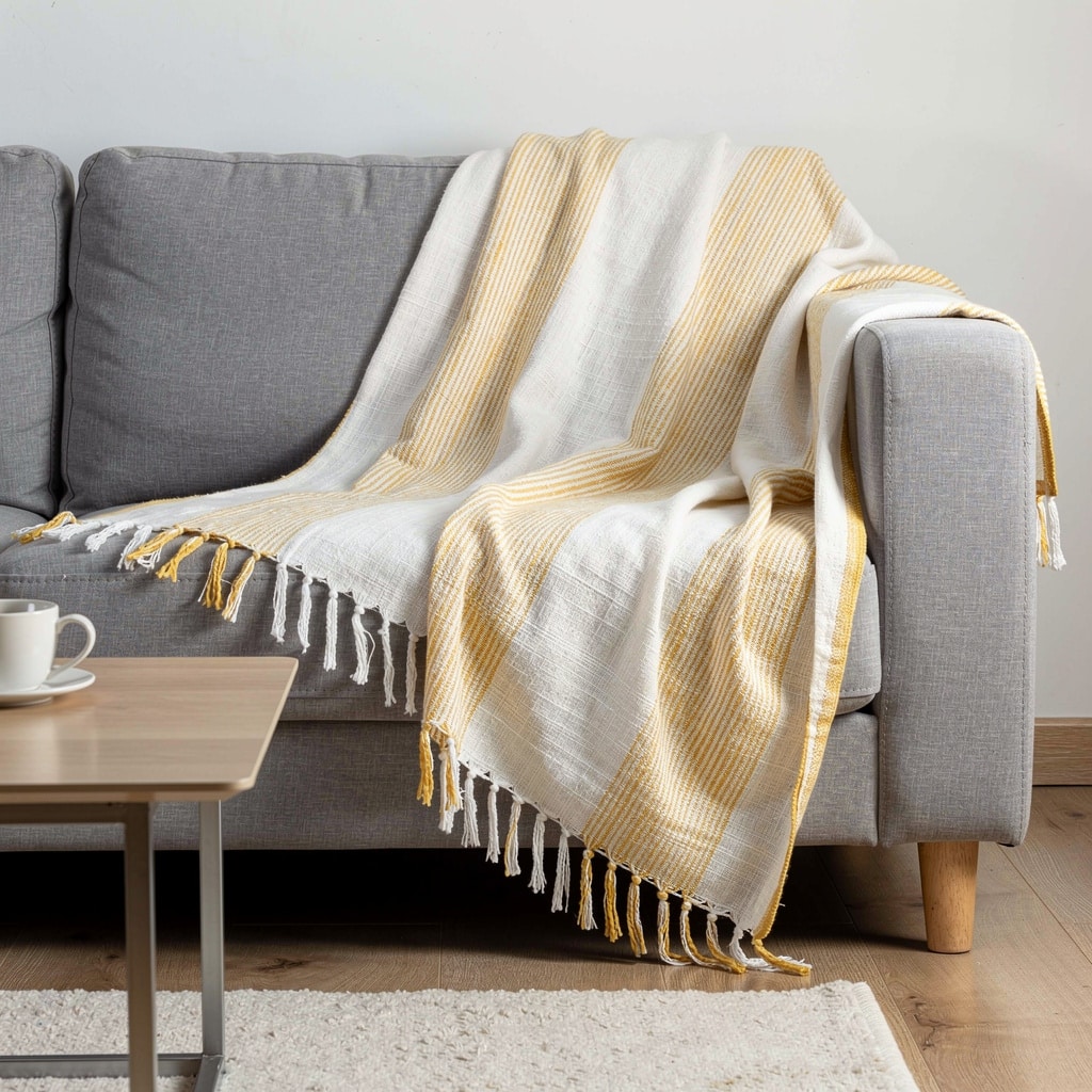 HomeRoots 50" X 60" Yellow And Ivory Cotton Woven Striped Throw Blanket with Fringe