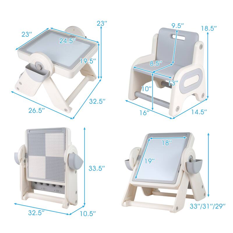 Kids Activity Table and Chair Set with Adjustable Easel Double-Sided Magnetic Whiteboard and Storage for Toddlers 18 Months Plus