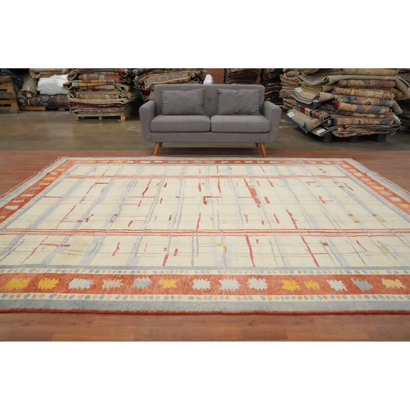 Hand Knotted Oriental 100% Wool Carpet Modern Geometric Beige & Ivories Gabbeh Area Rug - 11' 10'' X 9' 2''