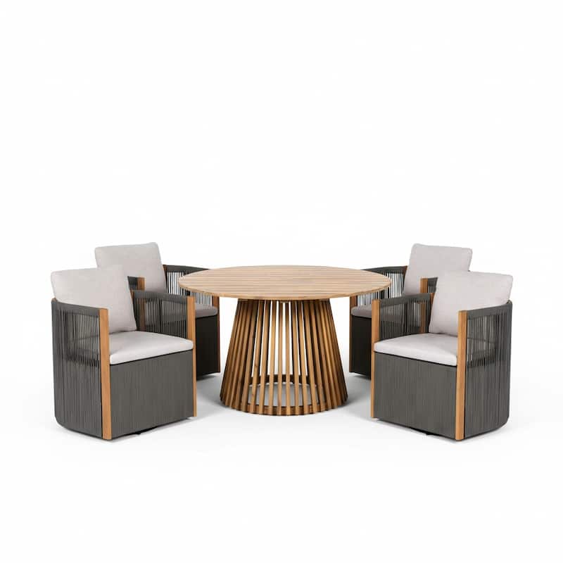 Christopher Knight Home - Roslyn 5-Piece Outdoor Acacia Wood Swivel Dining Set with Rope Woven Wicker Chairs & Round Slat Table