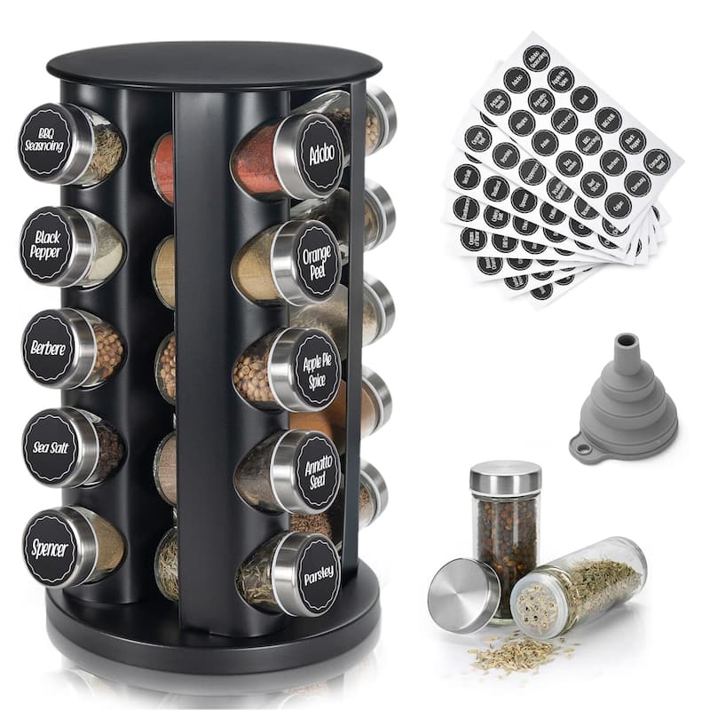 Black Countertop Revolving Spice Rack,Empty 20-Jars Rotating Spice Rack Organizer,Round Carousel Tower, 135 Spice Labels - Black