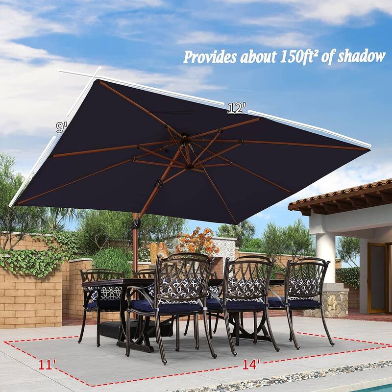 PURPLE LEAF 9 x 12ft Rectangle Wood Pattern Patio Cantilever Umbrella with Base - Navy Blue