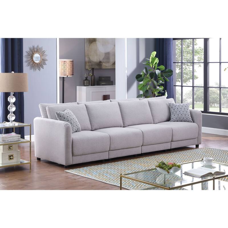 Linen Upholstered 4-Seater Sofa 2 Pillows in Light Gray - Light Gray/Black