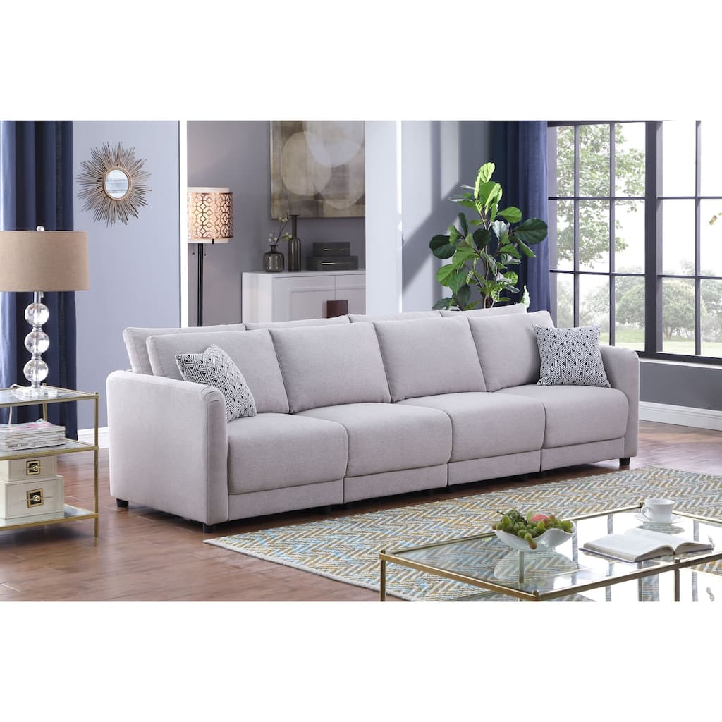 Linen Upholstered 4-Seater Sofa 2 Pillows in Light Gray